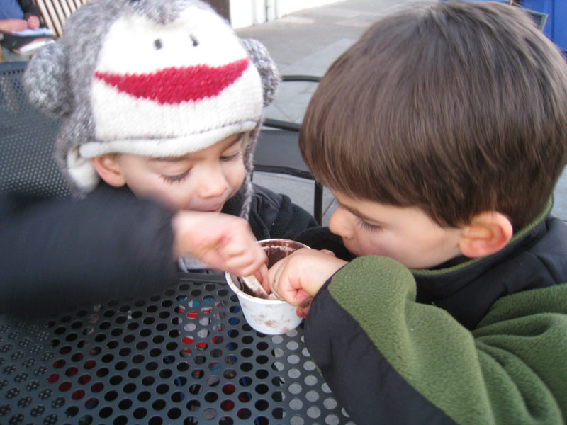 Twin toddler boys scoop the last of the chocolate ice cream